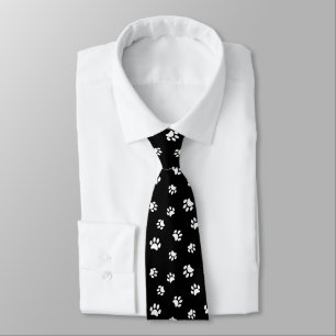 White Paw Prints Pattern on Black Background Tie