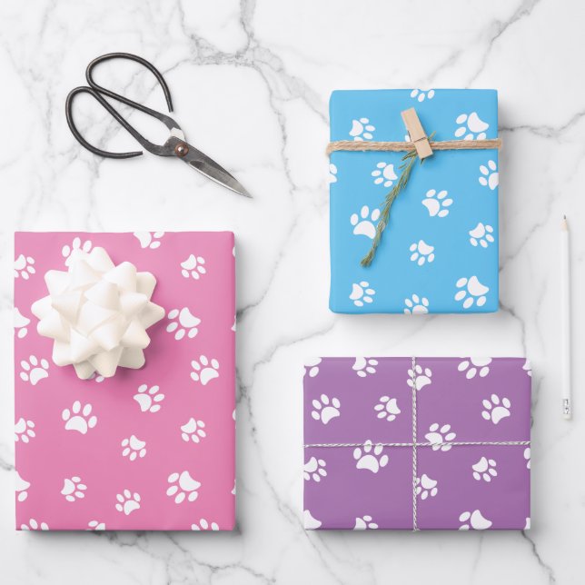 White Paw Prints Pattern Pink Blue Purple Wrapping Paper Sheet (Front)
