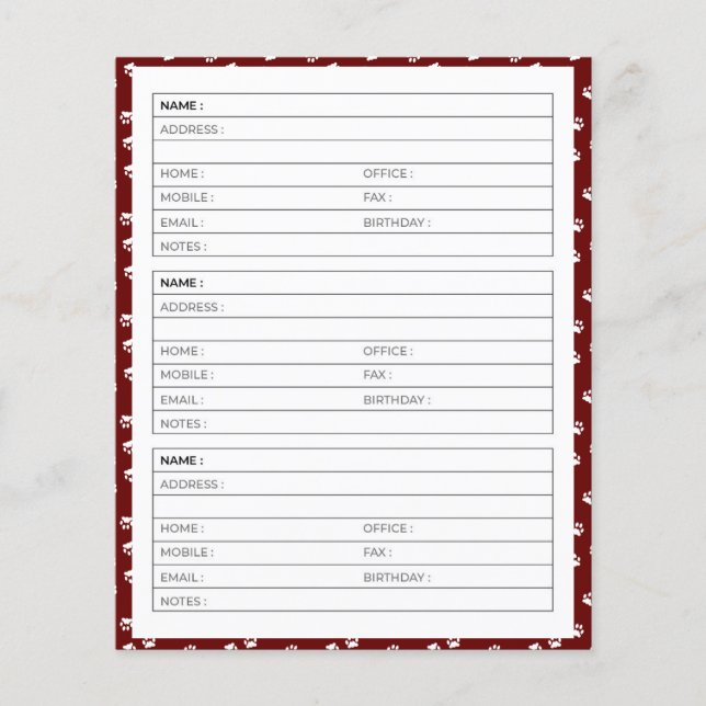 White pawprints address book pages (Front)