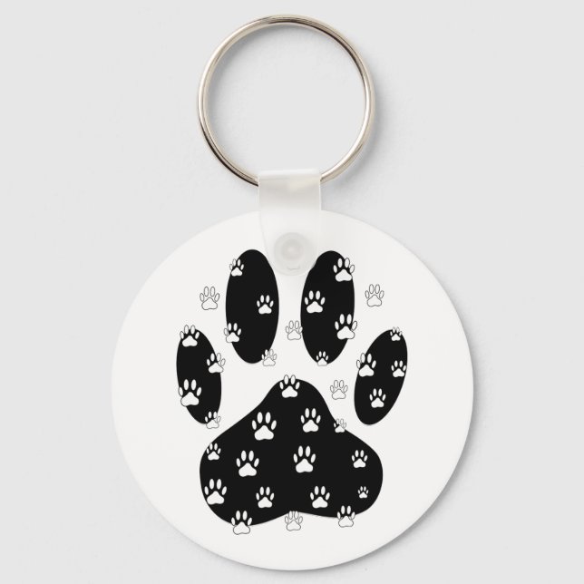 White Paws On Black Paw Print Keychain (Front)