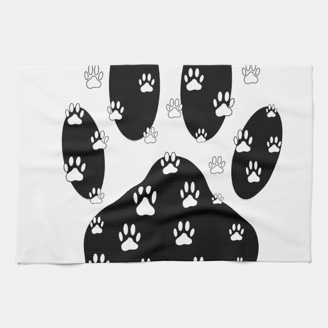 White Paws On Black Paw Print Kitchen Towel (Horizontal)