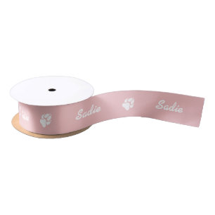 White Paws On Blush Pink & Custom Name / Text Satin Ribbon