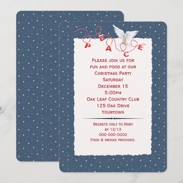 White Peace Dove In Snowflakes Party Invitation (Front/Back)