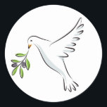 White peace dove with olive branch classic round sticker<br><div class="desc">A beautiful white dove carrying an olive branch. A classic symbol of peace.</div>