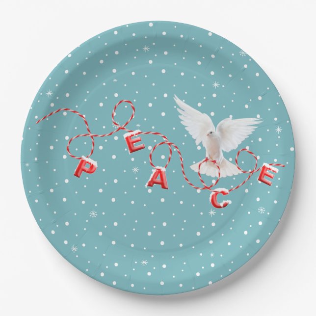 White Peace Dove With Peace Text Paper Plate (Front)