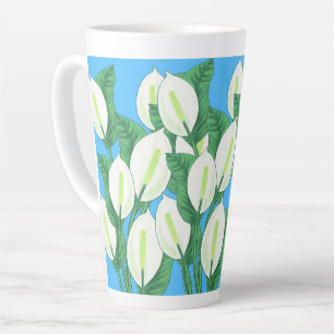White peace lilies on pale blue background  latte mug