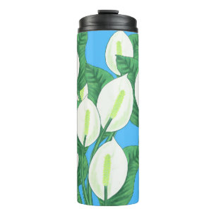 White peace lilies on pale blue background  thermal tumbler