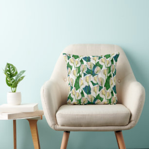 White Peace Lily Pattern Throw Pillow