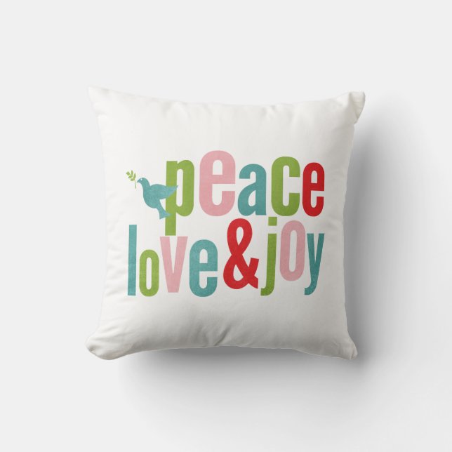White Peace Love and Joy Colour Christmas Throw Pillow (Front)