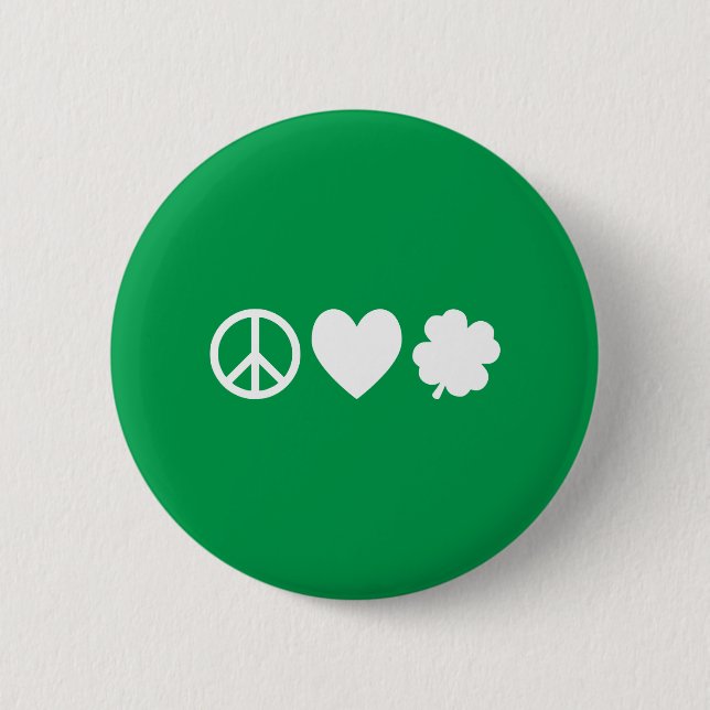 White Peace Love & Shamrocks 2 Inch Round Button (Front)