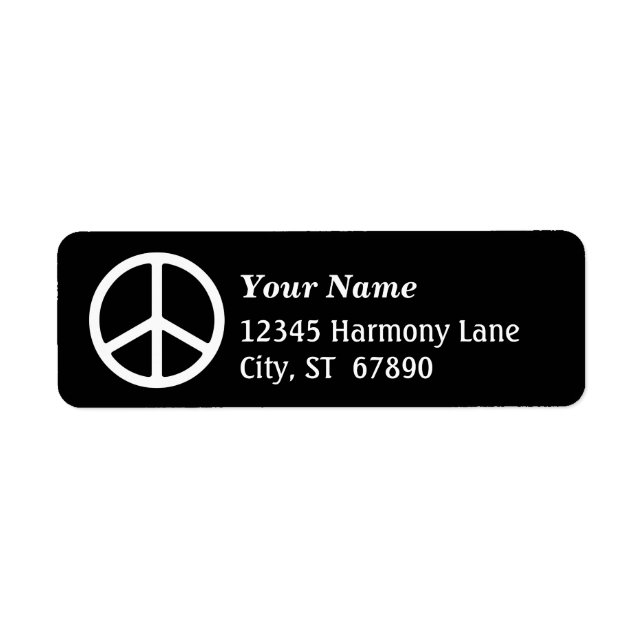 White Peace Sign on Black Custom Address Label (Front)