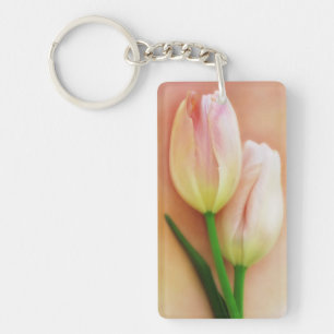 White, Peach, & Pink Tulips Background Customized Keychain