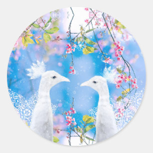 White peacock and blooming sakura / Romantic love Classic Round Sticker