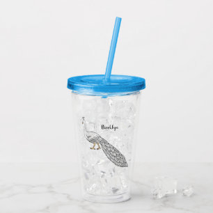 White peacock bird cartoon illustration  acrylic tumbler