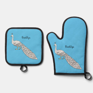 White peacock bird cartoon illustration oven mitt & pot holder set