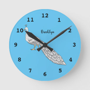 White peacock bird cartoon illustration  round clock