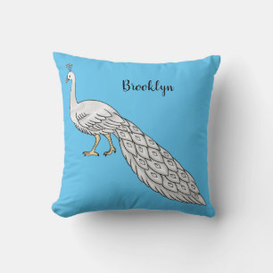 White peacock bird cartoon illustration throw pillow