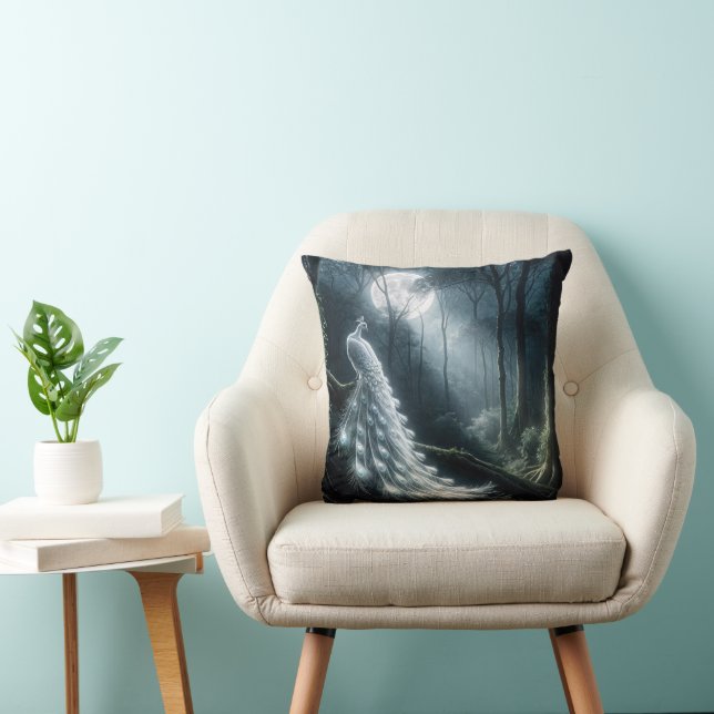 White Peacock In Moonlit Forest Throw Pillow (Chair)