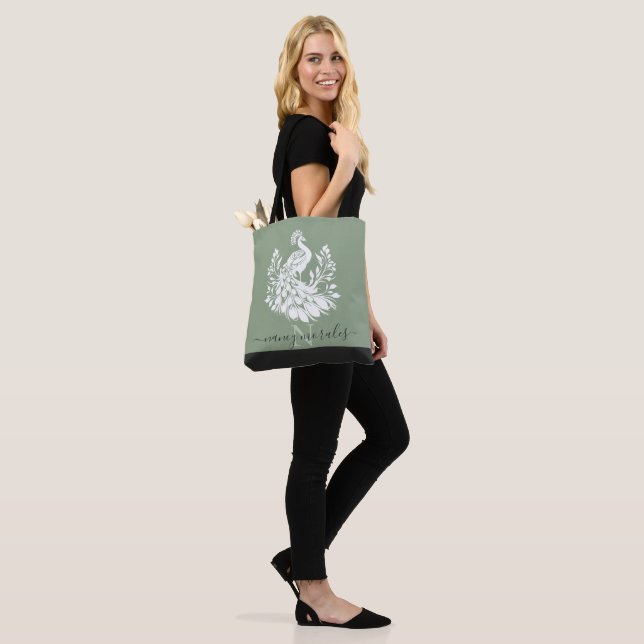White peacock modern calligraphy sage green back tote bag (On Model)