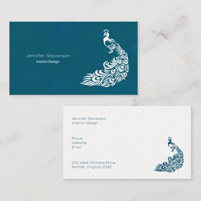 White Peacock on Teal Bold Modern Art Deco Design Business Card (Front/Back)