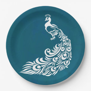 White Peacock on Teal Chic Stylish Art Deco Design Paper Plate