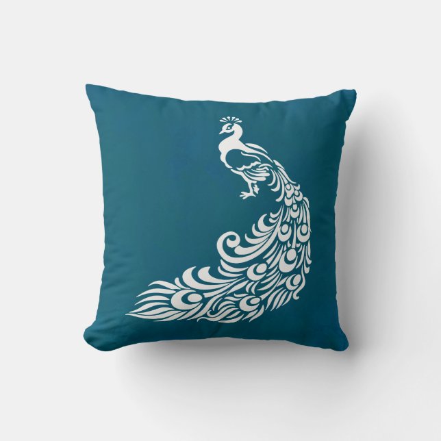White Peacock on Teal Chic Stylish Art Deco Design Throw Pillow (Front)