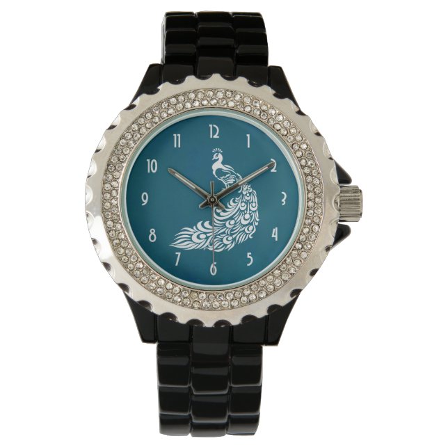 White Peacock on Teal Chic Stylish Art Deco Design Watch (Front)