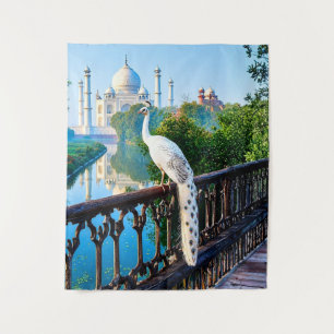 White Peacock Overlooking the Taj Mahal Tapestry