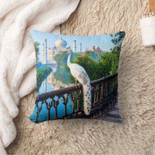 White Peacock Overlooking the Taj Mahal Throw Pillow