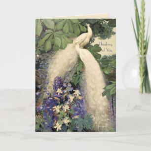 White Peacocks and Flowers Card