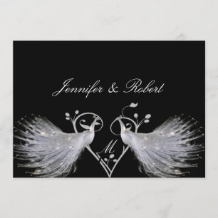 White Peacocks Heart Monogram Wedding Invitation