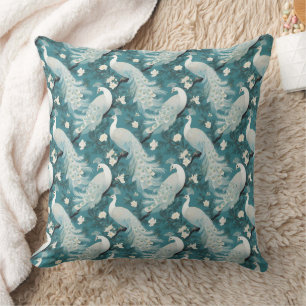 White Peacocks on Teal Throw Pillow