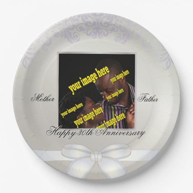 White Pearl 30th Anniversary Personalized Custom Paper Plate (Front)