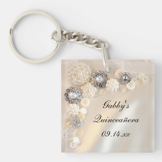 White Pearl and Diamond Buttons Quinceñera Keychain (Front)