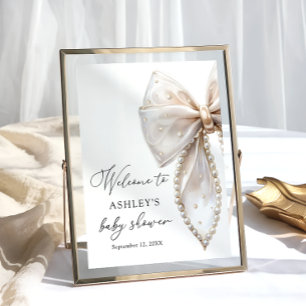 White Pearl Bow Girl Baby Shower Welcome  Poster