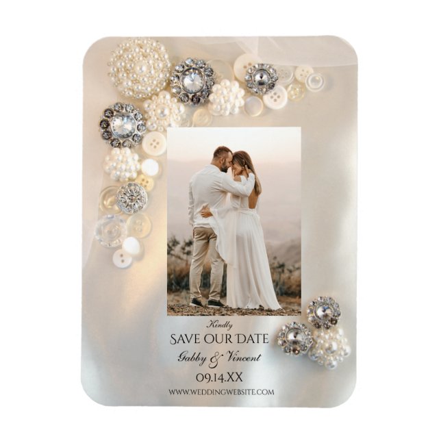 White Pearl Diamond Buttons Wedding Save the Date Magnet (Vertical)