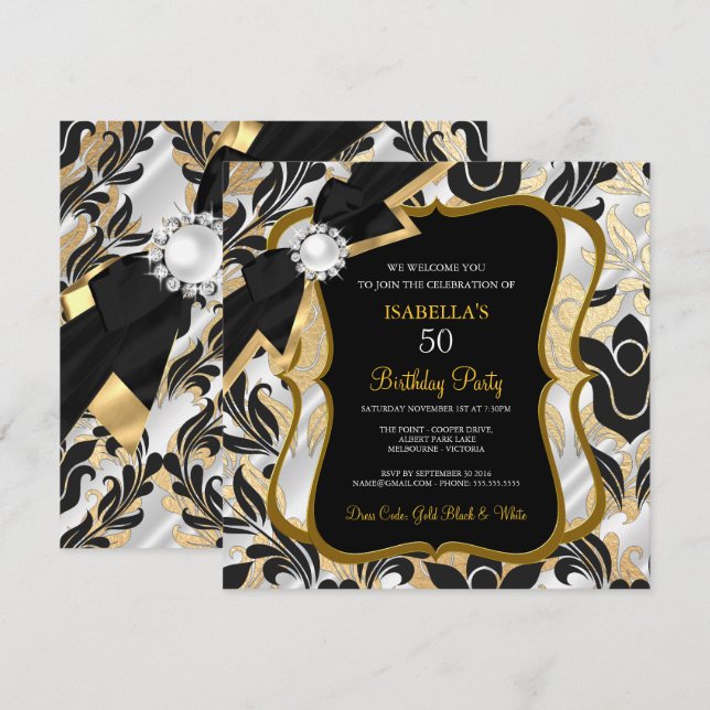 White Pearl Gold Bow Black Damask Invitation d'ann (Devant / Derrière)