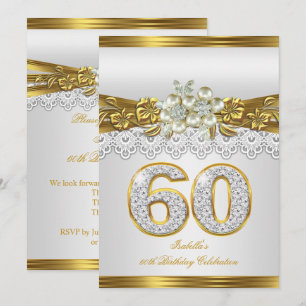 White Pearl Gold Lace Floral 60th Birthday Party Invitation