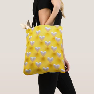 White Pearl Hearts on Yellow Tote Bag