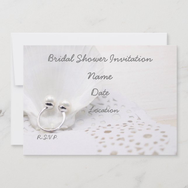 White pearl ring on white shell Bridal Shower Invitation (Front)