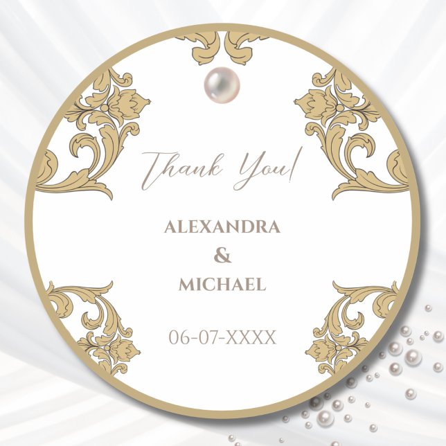 White Pearl Victorian Vintage Wedding Thank You Classic Round Sticker (Creator Uploaded)