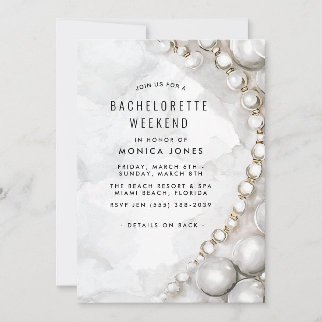 White Pearls Bachelorette Weekend party invitation (Front)