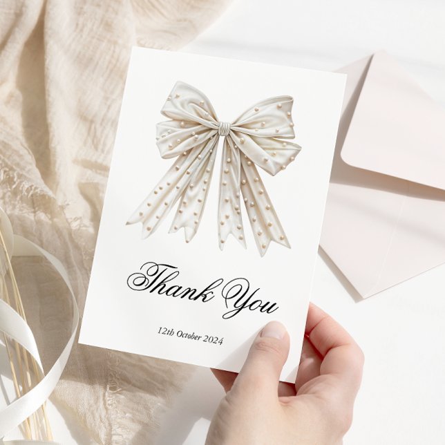 White Pearls Bow Bridal Shower Thank You Card (Creator Uploaded)