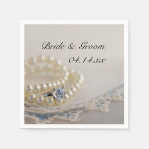White Pearls, Diamond Ring and Blue Lace Wedding Napkin
