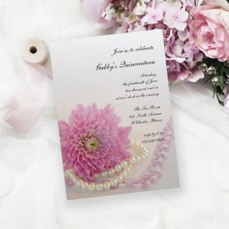 White Pearls Pink Flower Lace Quinceañera Party Invitation