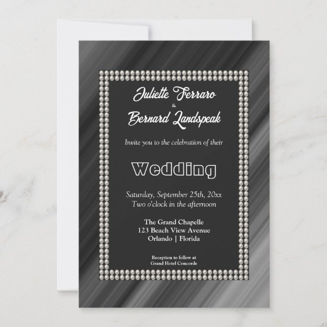 White Pearls, Retro Black & White Wedding Invitation (Front)