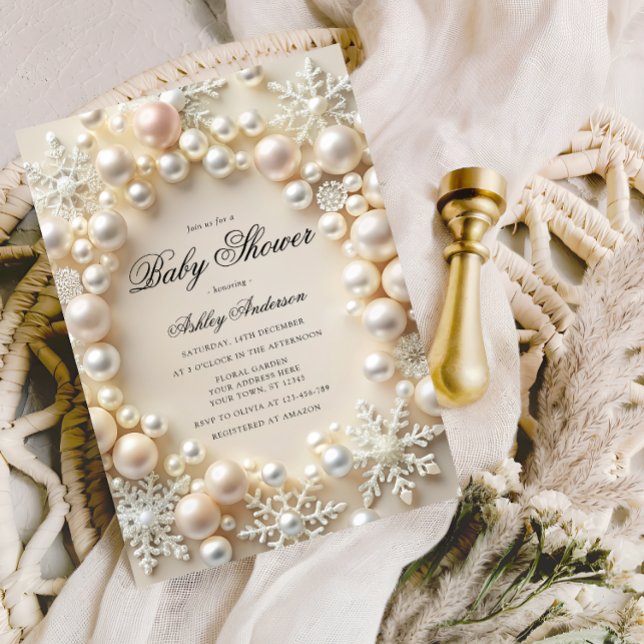 White Pearls with Snowflakes Baby Shower Invitation (Creator Uploaded)
