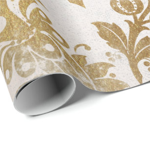 White Pearly Gold Floral Cottage Grungy Damask Wrapping Paper