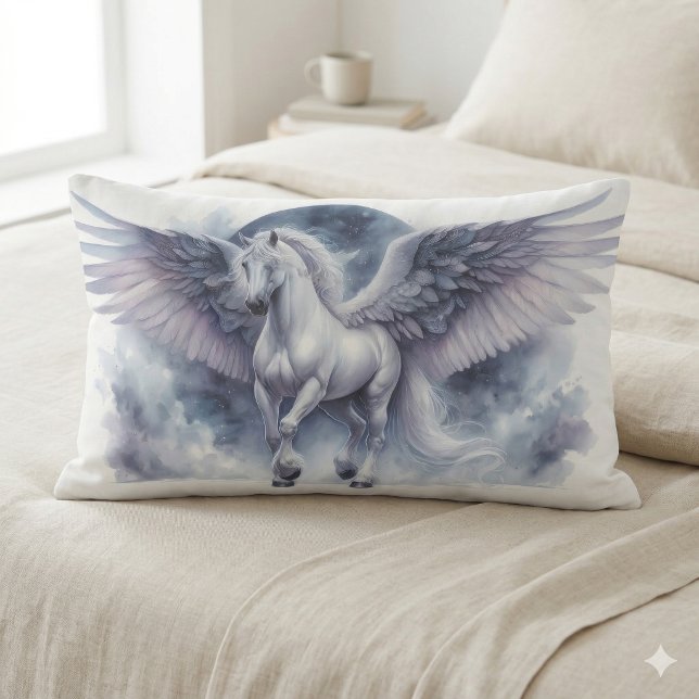 White Pegasus Moonlit Wings Celestial Dream Lumbar Pillow (White Pegasus Moonlit Wings Celestial Dream Lumbar Pillow)