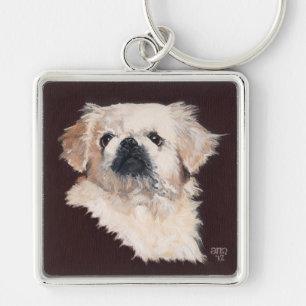 White Pekingese Dog Keychain